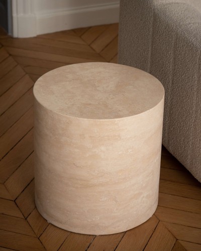 Bout de canapé ou table de nuit cylindre en marbre travertin