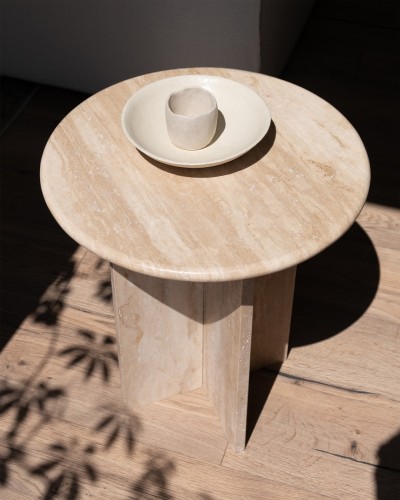 Paola - Table d'appoint ronde travertin Beige